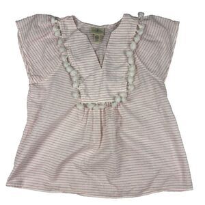St Johns Bay Striped Pom Pom Blouse Top Womens XS Extra Small Pink White Beach